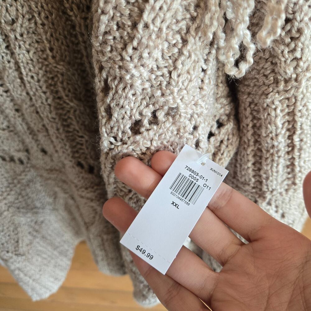 Old Navy Textured Fringe Sweater Top NWT XXL Pullover Light Brown Heather Eyelet - Picture 3 of 5